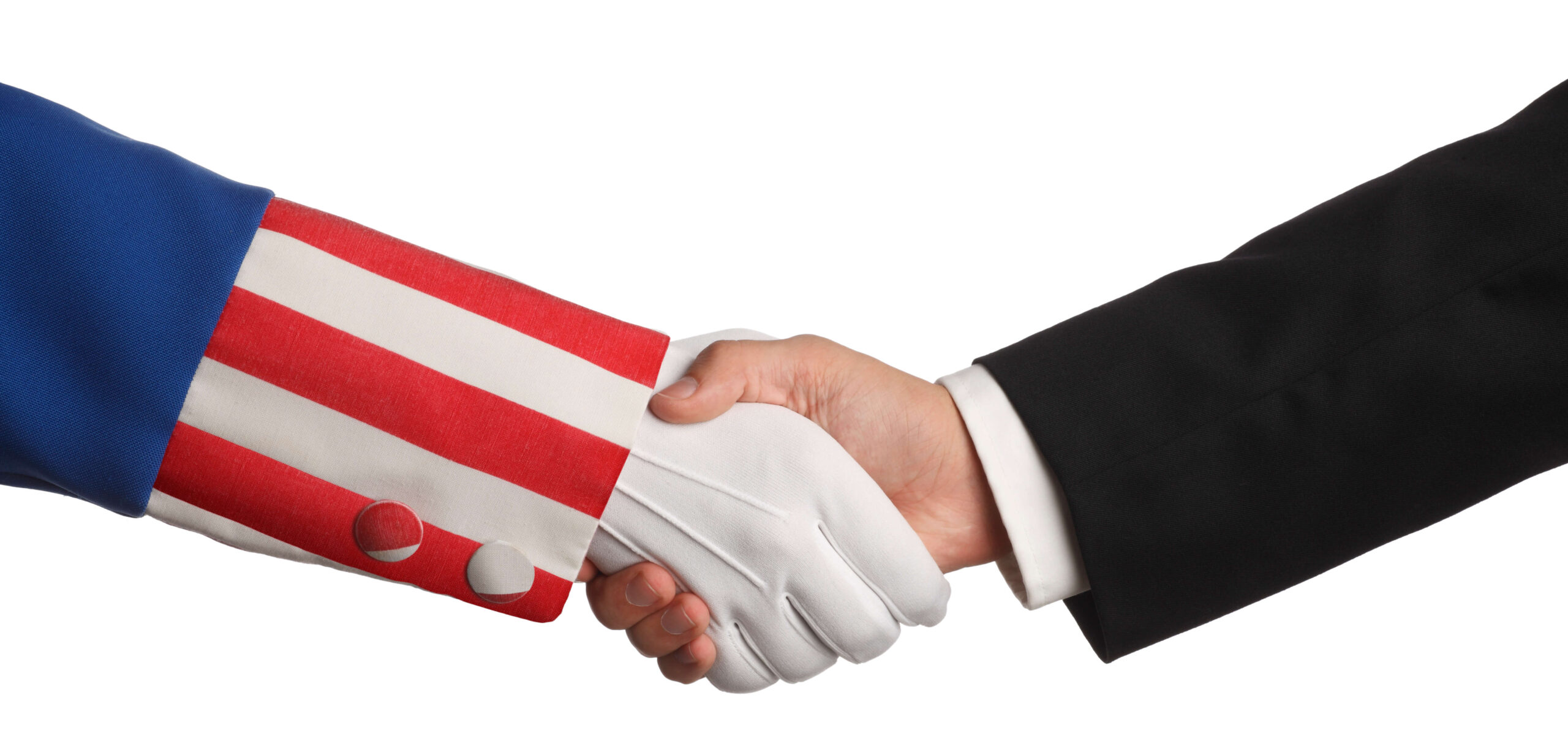 Uncle Sam and a businessman shaking hands on white background